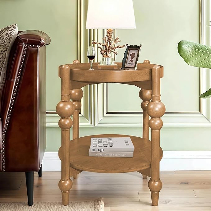 23" Round End Table, Mid Century Modern Side Table with Solid Wood Frame and Top, Small Night Stand for Living Room Office Apartment, Wood