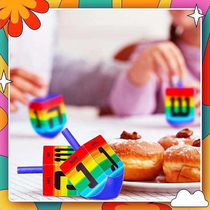 2 Pcs Hanukkah Dreidels Game Toy Extra Large Wooden Dreidel for Hanukkah Decoration with English Transliteration, Forever Spinning Tops Party Favors(Rainbow)
