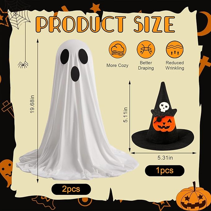2Pack Halloween Decorations Ghosts, Light Up Ghosts Decorations with Witch Hat & String Lights, LED Glowing Ghosts for Kitchen Room Office Home Fireplace, Party Halloween Decor Indoor Easy Assemble