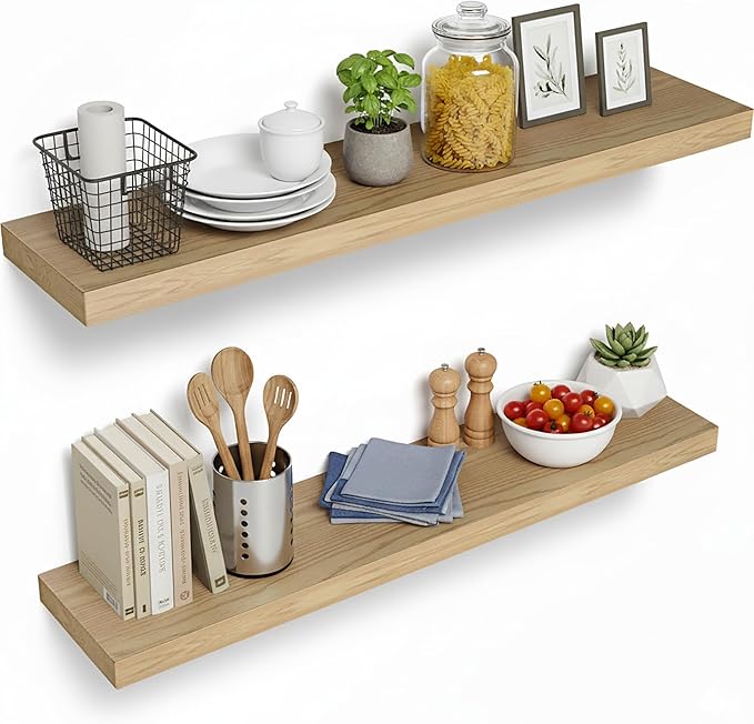 Lufia Floating Wall Shelves, Set of 2, MDF with Invisible Brackets, Modern Storage for Bedroom, Bathroom, Living Room, Kitchen (Oak, 32" W X 7" D X 1.5" H)