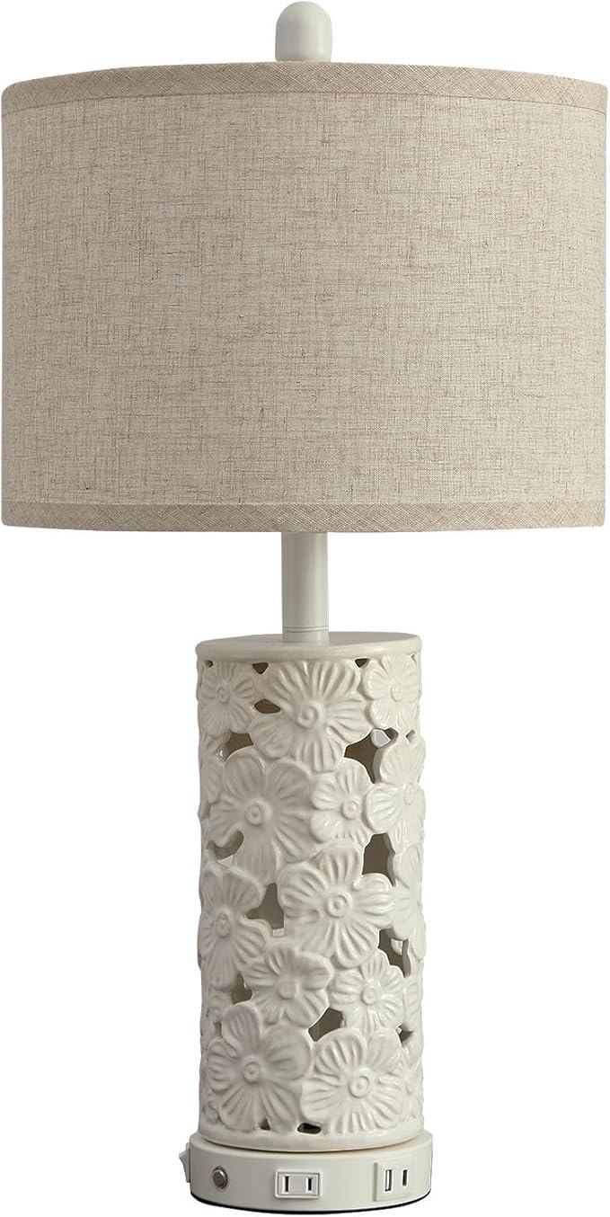 25.5" Modern Ceramic Table Lamp Bedroom Lamp for Bedside, 2 USB & AC Outlet with Night Light White Lamps Farmhouse Night Stand Lamps for Living Room Study Room Office