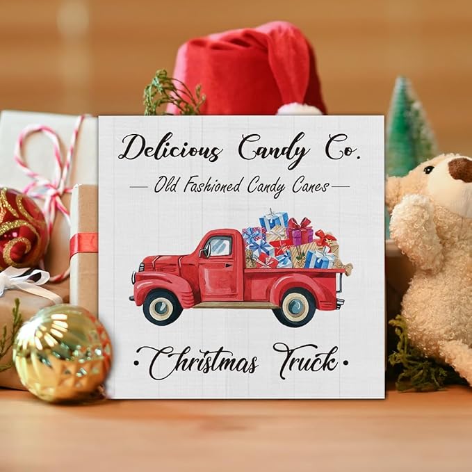Rustic Christmas Decorations, Red Christmas Truck Wooden Sign Decor, Farmhouse Christmas Wooden Block Sign, Indoor Christmas Decor for Table Shelf 5 x 5 Inch