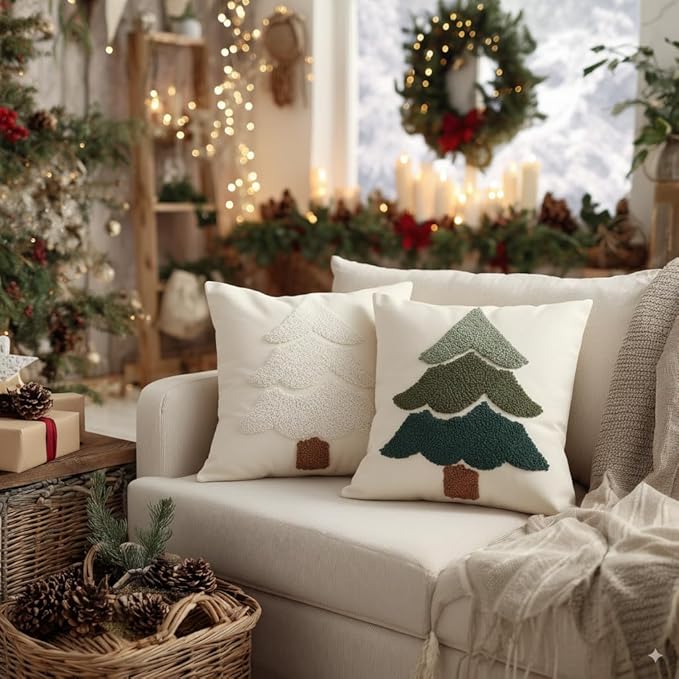 GEEORY Christmas Pillow Covers 18x18 Inch, Embroidered Xmas Tree Throw Pillows Farmhouse Winter Holiday Decor Cushion Case for Sofa & Bed Home Decorations (Green) GX003-1-18