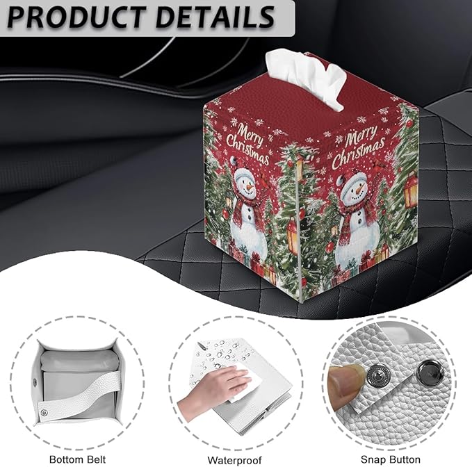 Christmas Tissue Box Cover Square PU Leather Tissue Box Holder Facial Paper Boxes Case for Tabletop Night Stands Bathroom Office Modern Decorative Cute Snowman Cube Napkin Case