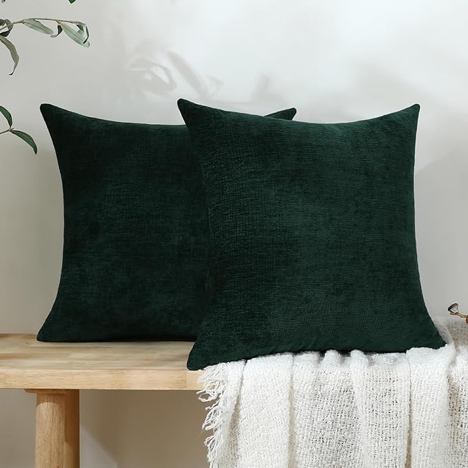 Jeneoo Hunter Green Decorative Throw Pillow Covers Soft Chenille Comfy Square Couch Cushion Cases for Living Room Sofa Decor (Set of 2, 18 x 18 Inches)