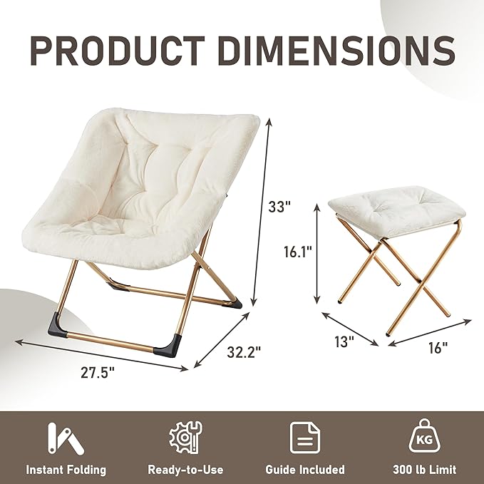 Comfy Oversized Saucer Chair with Ottoman,Soft Faux Fur Reading Lounge Chair for Adults,Stable X-Large Metal Frame and Non-Slip Pad,Cozy Chair for Bedroom, Living Room, Dorm, Office, Beige