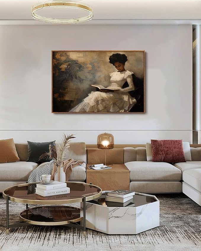 KISSFOX Vintage Portrait Framed Wall Art African American Canvas Wall Art Neutral Rustic Woman Reading Paintings Artwork Serene Countryside Art Prints For Bedroom Living Room