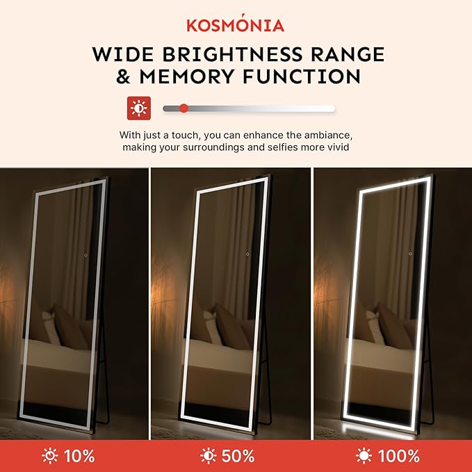 Kosmonia 68x24 Frameless Full Length Mirror, Dimmable 3 Color LED Light w/Memory Function, Distortion Free, HD Reflection & Anti Desilvering, Tempered Glass & Shatter Proof Film Doubling Safety