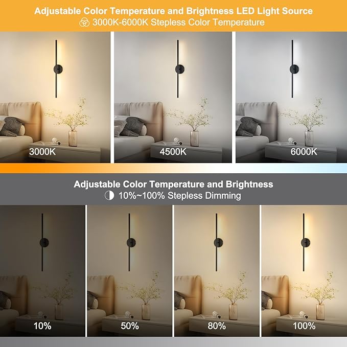 Wireless Battery Operated Wall Sconces with Remote, Black Rechargeable Led Wall Lights Set of Two, Cordless Dimmable Battery Powered Wall Lamp Decor for Bedroom Living Room, 3 Color, 28 Inch