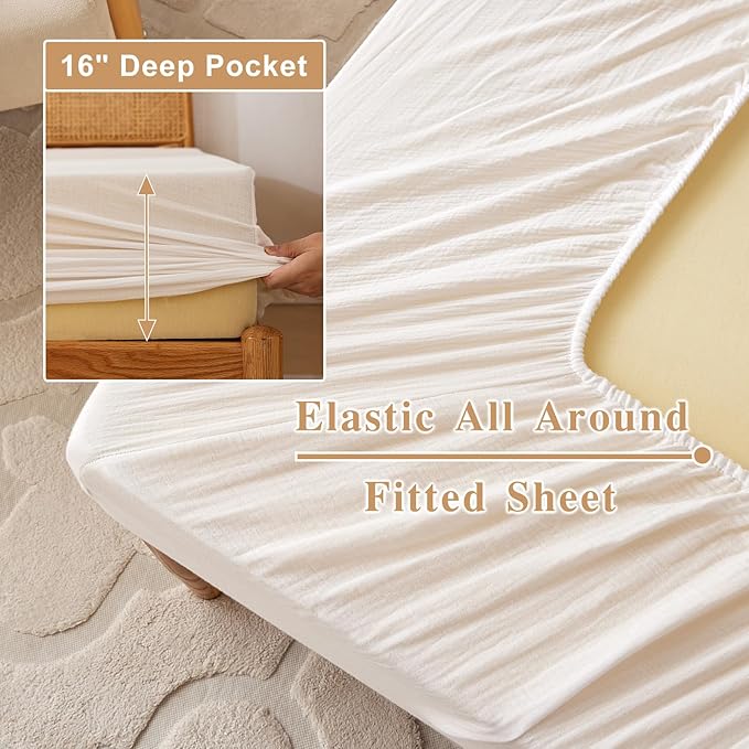 Twin Sheets Set 100% Cotton Bed Sheets 3 Pcs Linen Like White Fall Sheet 16" Deep Pocket Sheet & Pillowcase Sets Boho Muslin Soft Twin All Season Bedding Sets Easy Care