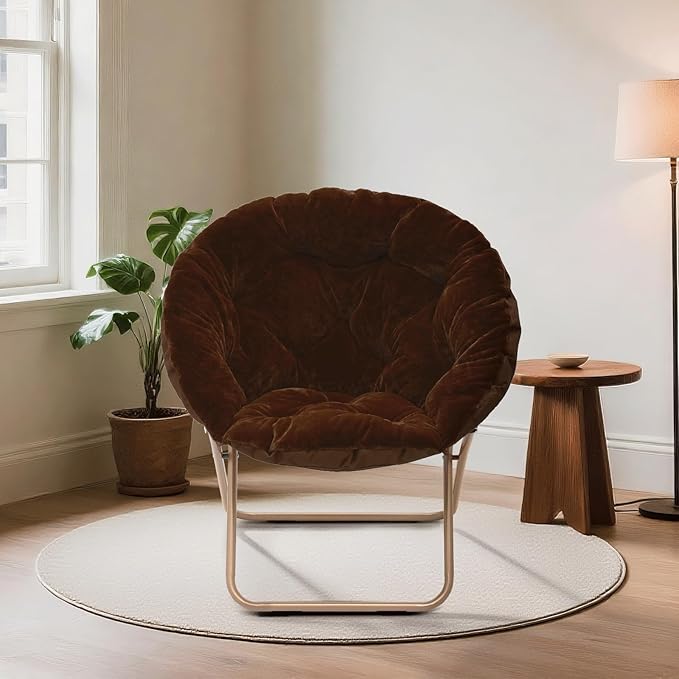 Magshion Saucer Chair for Adults, Comfy Living Room Lounge Chair for Bedroom Corner, Dorm, Apartment, Faux Fur Fluffy Circle Accent Seat with Thick Padded & Folding Metal Frame (Brown)