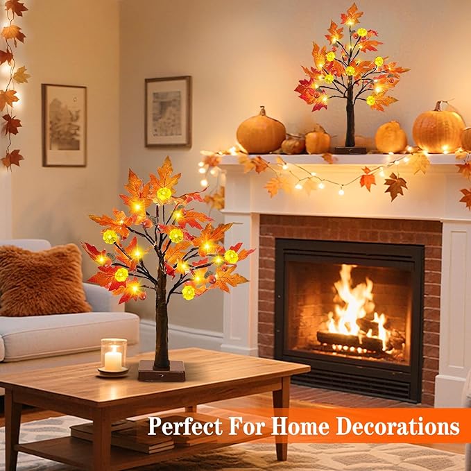 2 Pack 24 Inch Prelit Fall Maple Tree Thanksgiving Decorations, 48LEDs Timer Acorn Pumpkin Lights Fall Decorations for Home Battery Operated Wedding Party Table Autumn Harvest Halloween Fall Decor