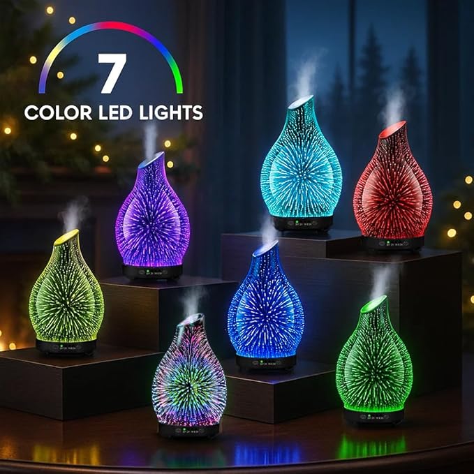 120ML Essential Oil Diffuser, 3D Glass Aromatherapy Diffuser with Auto Shut-Off and 7 Color LED Lights, Ultrasonic Mist Humidifier with 4 Timer for Home Office Bedroom (3D Fireworks)