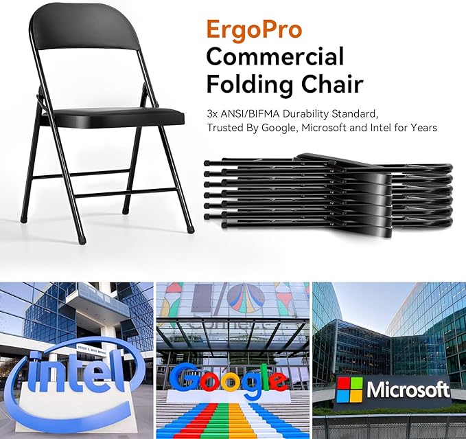 1 Pack Folding Chairs with Cushion Padded - Metal Chairs w/Comfortable Seats and Durable Steel Frame Foldable Chair for Indoor Outdoor Wedding, Party, Backyard & Office Events (Black, 1 Pack)