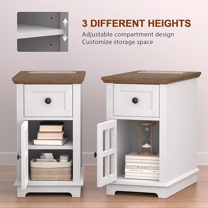 HIFYOBRO End Table with 1 Drawer, Storage Side Table with Flip Top Charging Station, Type-C & USB Port & Power outlets, Wooden Storage Cabinet for Bedroom/Living Room