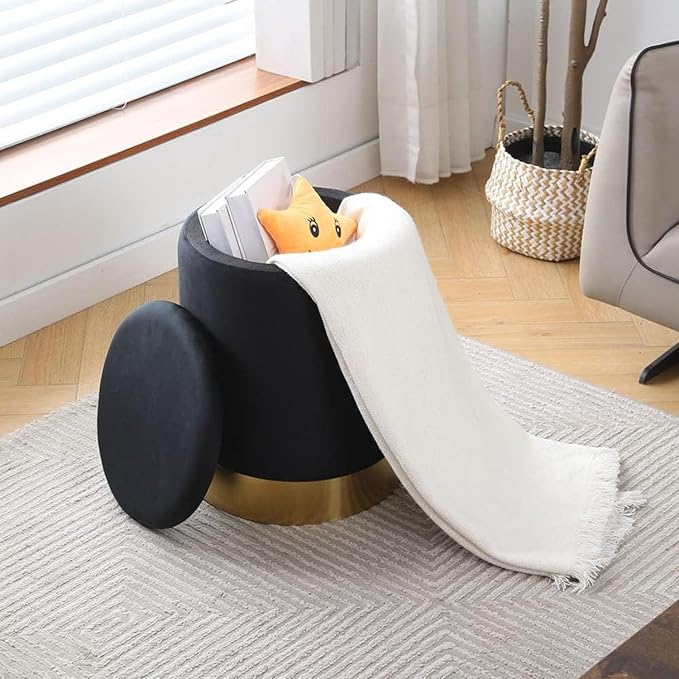Mxfurhawa Velvet Storage Ottoman Multipurpose Footrest Stool with Metal Base Modern Round Vanity Stool Chair Ottoman Foot Stools Support 300 lbs Padded Seat for Living Room (Black (Velvet))