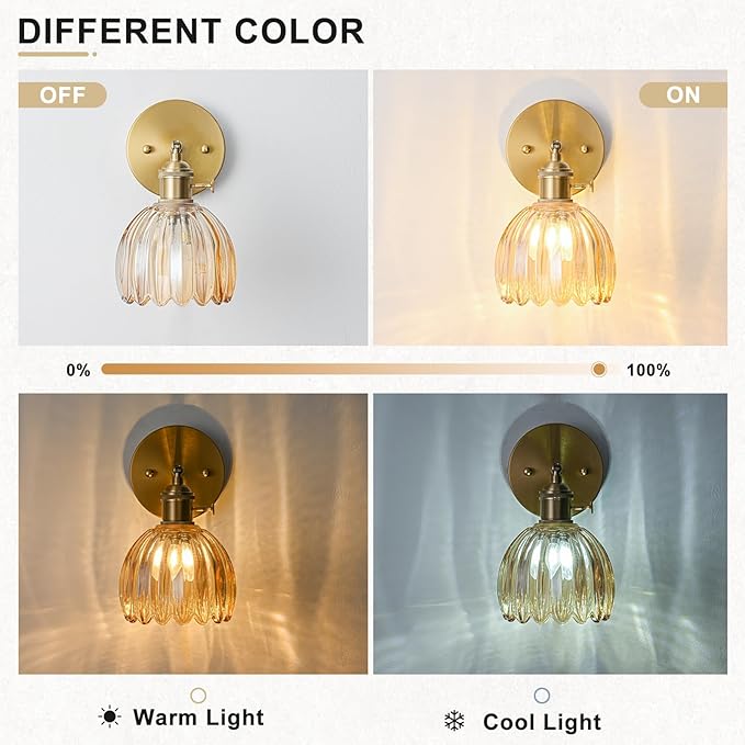 Wall Sconces Set of Two Hardwired, Vintage Sconce Light with Tulip Amber Glass Lampshade, Bathroom Wall Lights with Switch, Gold Wall Light Sconces Wall Decor Set of 2