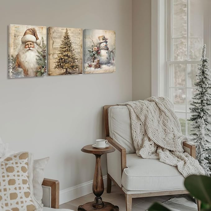 DSHFG Vintage Christmas Wall Art Decor, Retro Christmas Santa Trees Wall Decor Canvas Set of 3, Retro Christmas Decorations for Home Kitchen Bedroom Bathroom Living Room, 14x11 Inch Framed