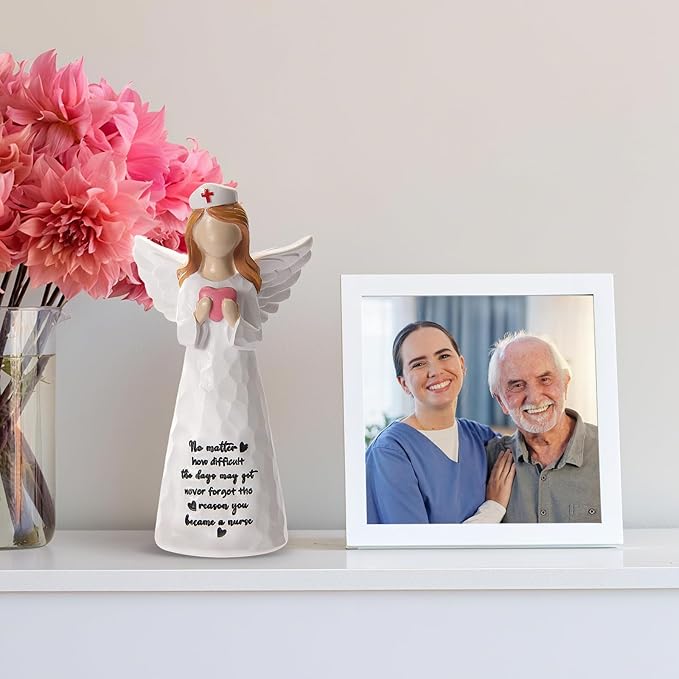 Nurse Gifts for Women,Handmade 6 inch Angel Figurines Holding Heart - Gifts for Nurses Graduation/Week/Retirement/Appreciation, Inspirational Resin Home Decor with Nurse's Motto Engraved