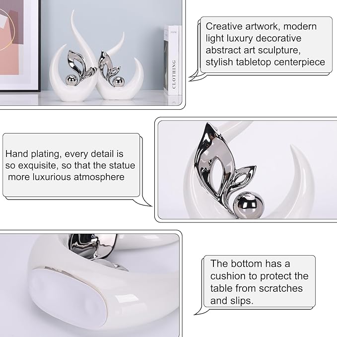 13" H White Silver Abstract Sculptures Home Decor, Ceramic Art Statue Cool Stuff to Put on Shelves&tv Stand Decor, Silver Accent Entertainment Center, for Fireplace Coffee Table Dining Table Decorate