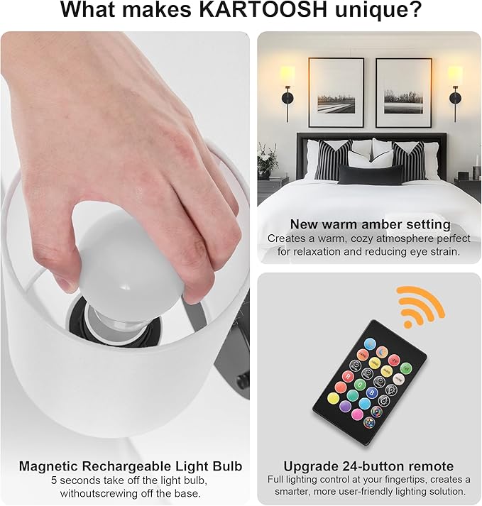 Battery Operated Wall Sconces Set of Two,Wireless Rechargeable Wall Light With Remote Control, Dimmable, Amber Light/Warm White/Natural White/Daylight/RGB, Timer,for Living Room,Bedroom,Entryway,Black