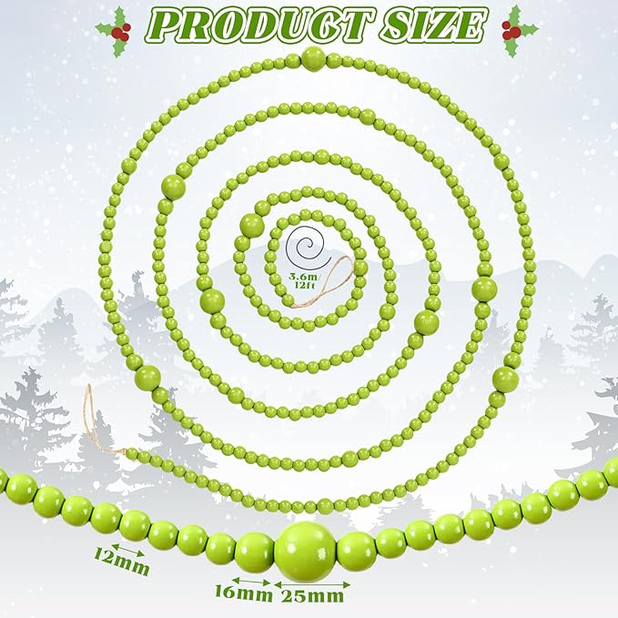 12 Feet Christmas Wooden Beads Garland Round Craft Farmhouse Vintage Wood Bead Garlands for Xmas Decoration Supplies(Green)