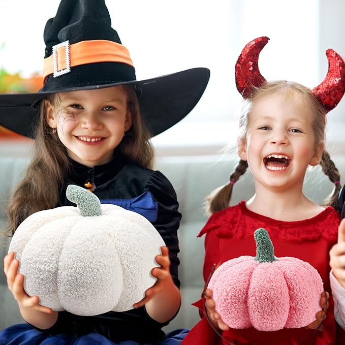 Kajaia 4 Pcs Fall Decor Pumpkin Throw Pillow Fall Pillow 11 Inches 7 Inches 3D Cushion Thanksgiving Sherpa Plush Fluffy Stuffed for Autumn Halloween Christmas Home Sofa(White, Pink Series)