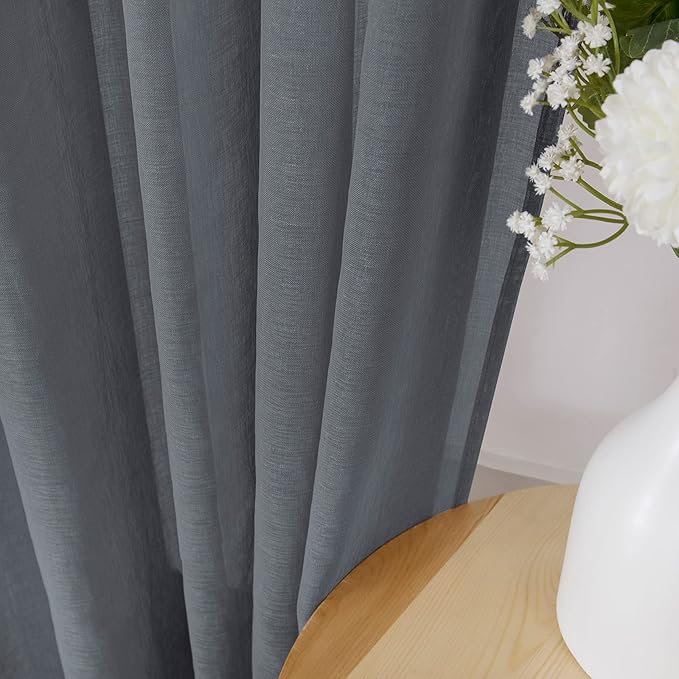 Tollpiz Short Sheer Curtain Living Room Linen Textured Curtains Sheer Light Filtering Voile Rod Pocket Curtain for Bedroom, 38 x 54 inches Long, Dark Grey, Set of 2 Panels