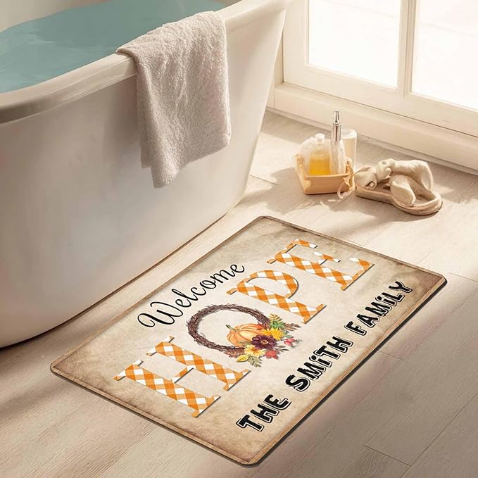 Custom Name Front Door Mat for Entryway Decor Welcome Fall Season Personalized Thanksgiving Welcome Mat Home Decor, Personalized Floor Mat for Autumn
