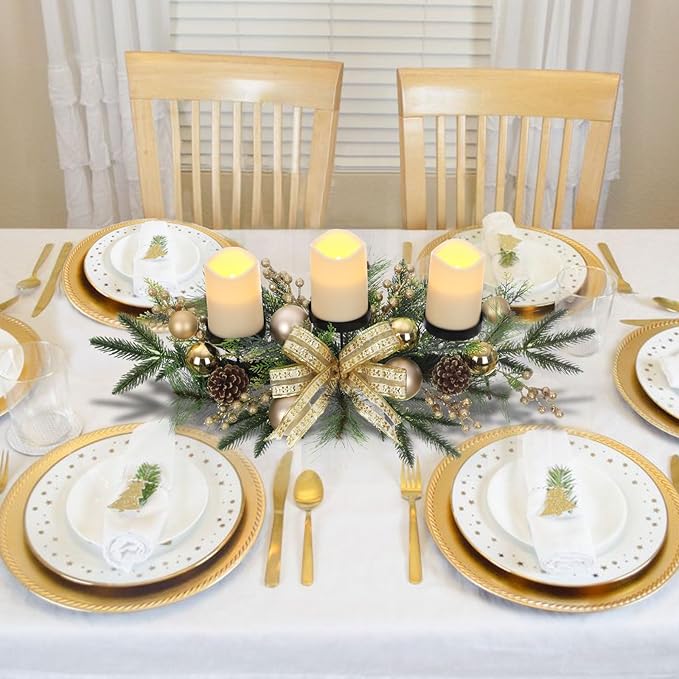 Gold Glittery Christmas Candle Centerpiece with Berries and Pinecones - 27.5 Inch