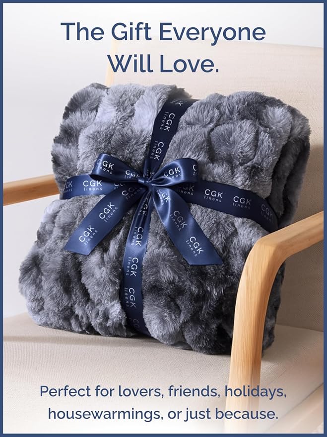 Fluffy Blanket Throw Size - Faux Fur Throw for Couch or Bed - Plush Soft Extra Thick Faux Fur Rabbit Blanket - Comfy, Fuzzy, Warm & Breathable - Luxury Minky Tie Dye Bedding - 50" x 60", Marble Black