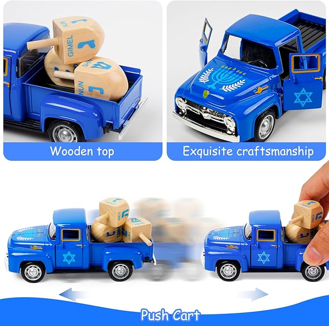 CRCZK Hanukkah Home Decor - Mini Metal Truck with Wood Dreidel - Festive Jewish Holiday Tabletop Decor, Gift for Kids