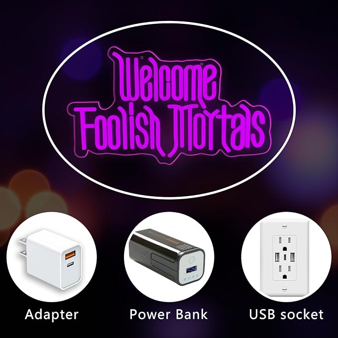Halloween Welcome Foolish Mortals Neon Sign, Dimmable Gothic Haunted Coffin Halloween Decoration, USB Powered Neon Light, Wall Decor for Home, Bar & Party (Comes with Hooks, Nails and Adhesive Hooks)