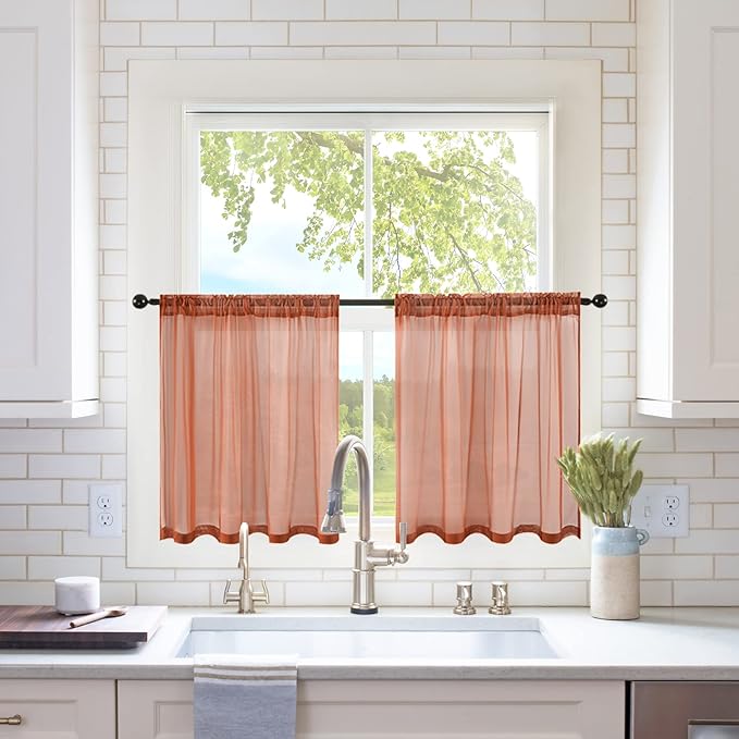 MIULEE Short Sheer Curtains 24 Inch Length for Kitchen Bathroom Cafe Half Window Treatment, Terracotta Rod Pocket Tier Fall Curtains 2 Panels 29x24 Inches Long, Burnt Orange
