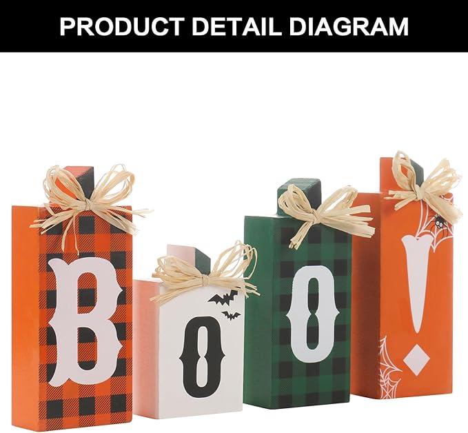 Super Holiday Halloween Decorations, 4PCS Wooden Boo Sign Block Tabletop Decorations, for Home Farmhouse Indoor Party Fireplace Decor.