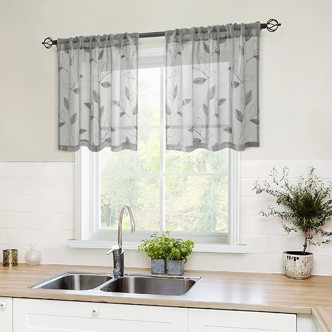 HOMEIDEAS Grey Sheer Kitchen Curtains 30 X 24 Inch Length 2 Panels Embroidered Leaf Pattern Short Curtains for Small Window Valance Tiers