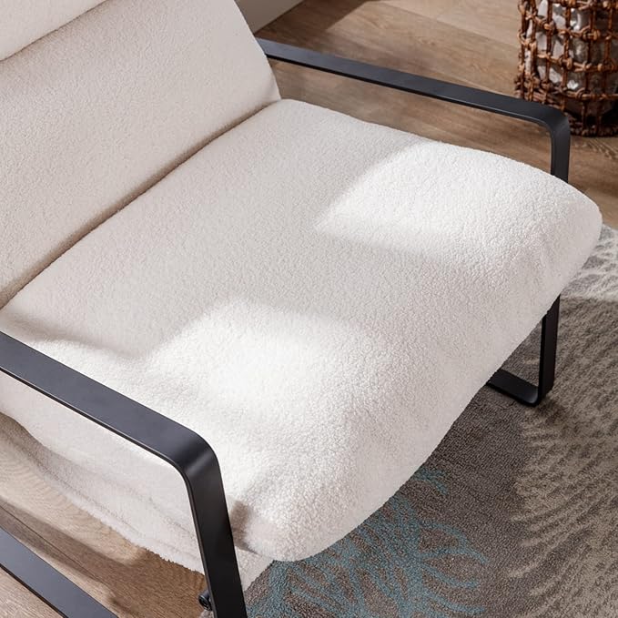 Mid-Century Accent Chair Set of 2, Comfy Sherpa Fabric Side Chair with Armrest, Upholstered Leisure Chair with Black Metal Frame for Living Room Bedroom Reception Room, White