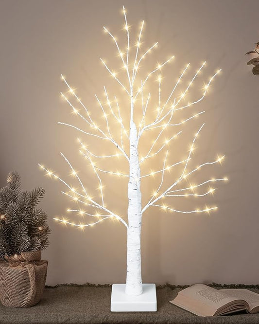 24 Inch Birch Tree with 144 LED Lights, Artificial Lighted Mini White Light Up Tree with Timer for Christmas Indoor Home Mantle Tabletop Centerpiece Decor