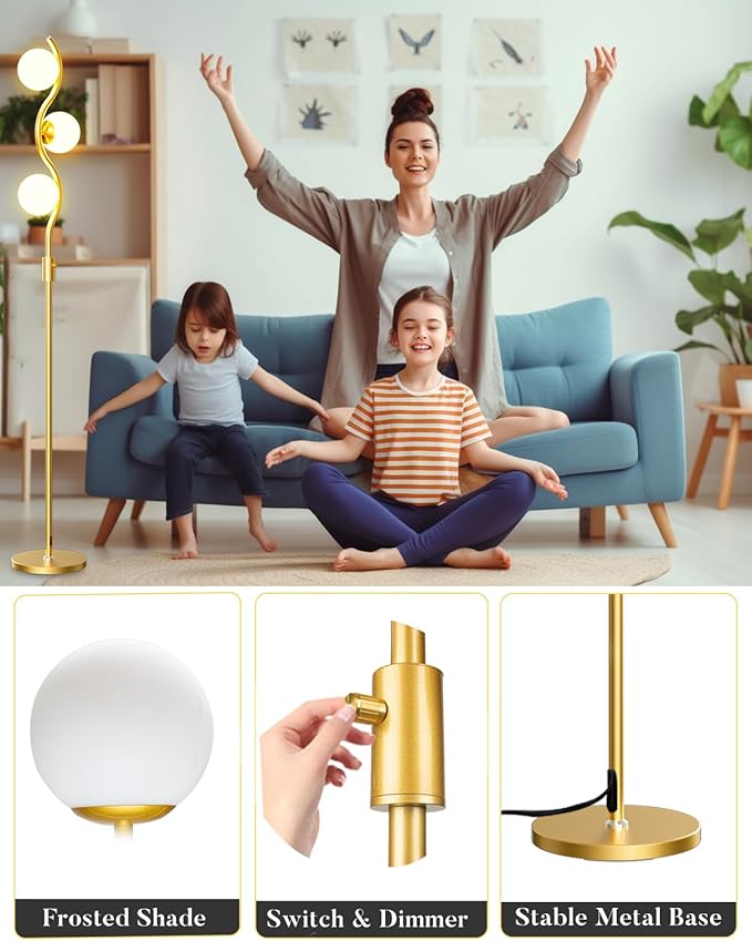 60IN Dimmable Gold Globe Floor Lamp, Modern Standing Lamps with 3 Soft Warm White 3000K Bulbs, Mid Century Floor Lamp for Living Room Bedroom Home Decor
