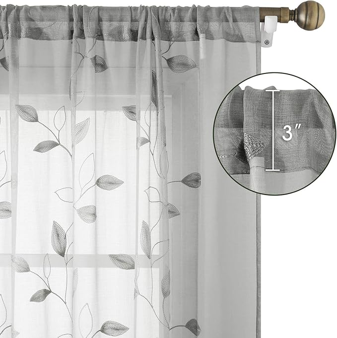 HOMEIDEAS Grey/Gray Sheer Kitchen Curtains 52 x 54 Inch Length 2 Panels Embroidered Leaf Pattern Short Curtains for Bedroom Half Small Window Rod Pocket Tiers