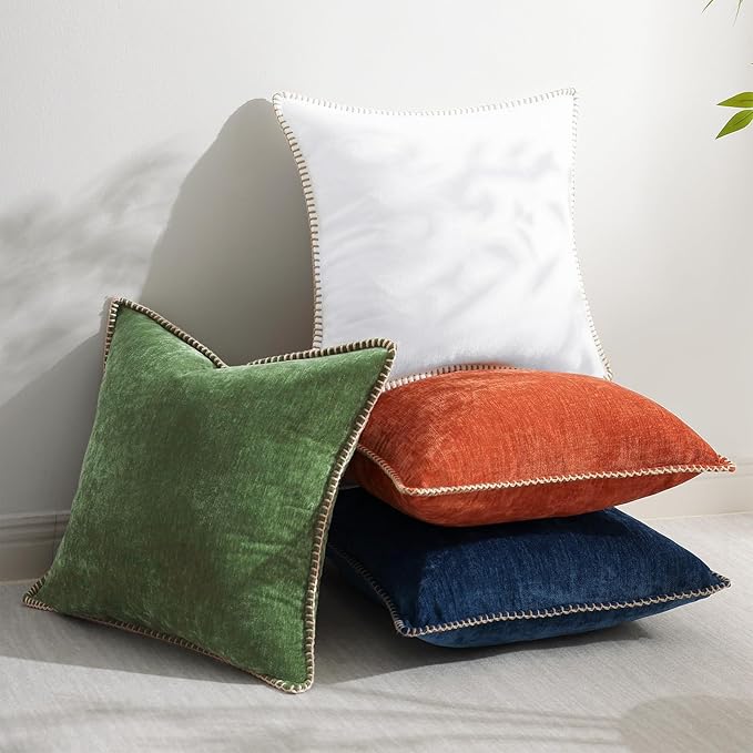 decorUhome Christmas Chenille Soft Throw Pillow Covers 22x22 Set of 2, Farmhouse Velvet Neutral Decorative Euro Fall Pillow Covers with Stitched Edge for Couch Sofa Bed Home Decor, Forest Elf