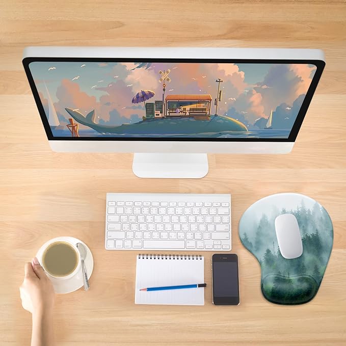 Hsurbtra Ergonomic Mouse Pad with Wrist Rest Support, Gel Mouse Pads with Non-Slip PU Base, Pain Relief Memory Foam Computer Mat, Cute Office Supplies Desk Decro Accessories, Black Forest