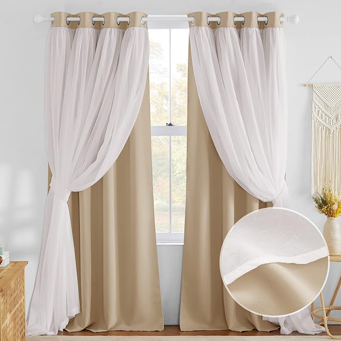 NICETOWN Curtains 84 inches Long - Farmhouse Curtains for Bedroom Living Room Decor Double Layer Grommet Blackout Soundproof Darpes with Crushed White Sheer, Biscotti Beige, 52W x 84L, 2 Panels