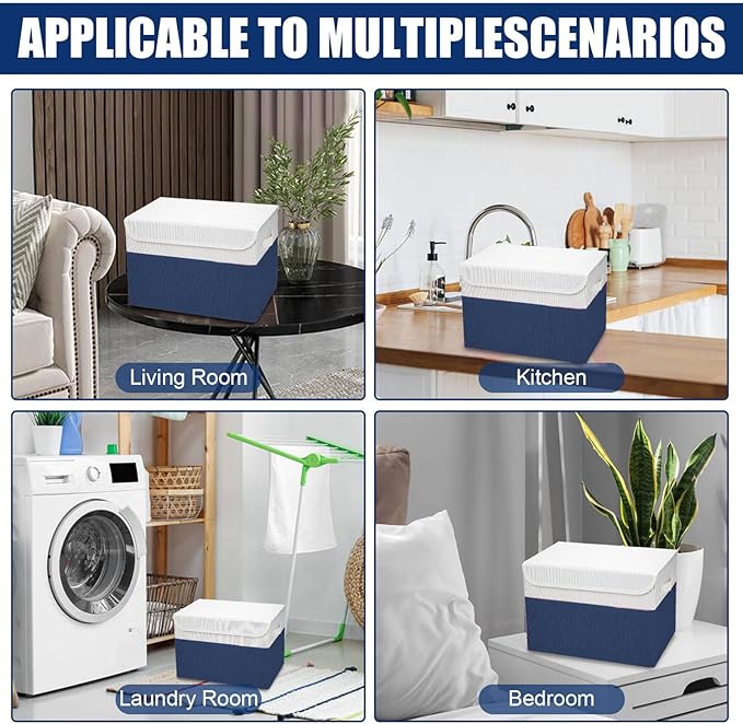 Large 22 Quart Linen Fabric Foldable Storage Bin Cube Organizer Basket with Flip-Top Lid & Handles, Clothes Blanket Box for Home, Office, Closet, Navy Blue & White, 4 Pack 14.6 x 9.5 x 9.5