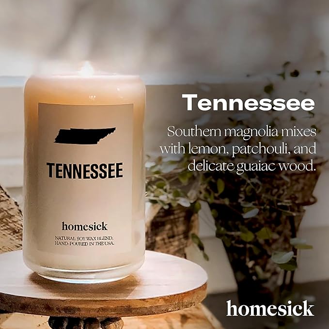 Homesick Scented Candles for Home (Tennessee) - 13.75 oz Long-Lasting Soy Wax Jar Candle for Women & Men for All Occasions, 60-80 Hours Burn Time - Notes of Patchouli, Sandalwood & Tonka Bean