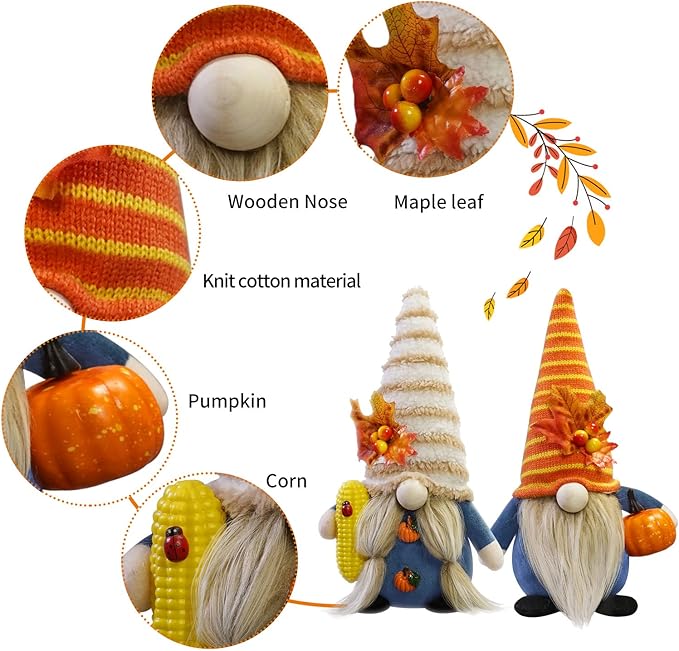 CRCZK Thanksgiving Gnome Decorations, 2Pack Handmade Fall Harvest Gnome Plush Swedish Gnomes Ornaments with Pumpkin Corn Maple Leaves Thanksgiving Gifts Autumn Holiday Home Decorations