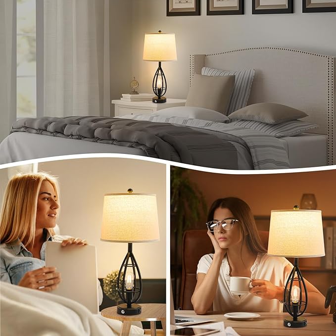 27.8" Farmhouse Table Lamps for Living Room Set of 2,Black Lamps for Night Stands with USB A+C,Dimmable Touch Industrial Bedside Lamps,Rustic Lamp for Bedroom End Tables