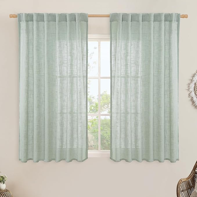 LAMIT Semi Sheer Linen Curtains 54 Inch Length 2 Panels, Light Sage Light Filtering Panels Back Tab and Rod Pocket Neutral Drapes for Kitchen/Window/Dining Room, 52 x 54 Inch