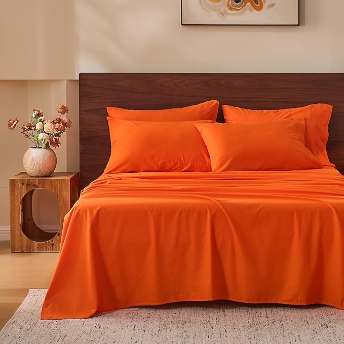 MEISHANG 100% French Pure Linen Sheets Queen Size - Bed Sheets 4 Piece Sets, Soft Durable Flax Linen, Anti-Tear Breathable Oeko-Tex Certified with 16" Deep Pocket (Orange)