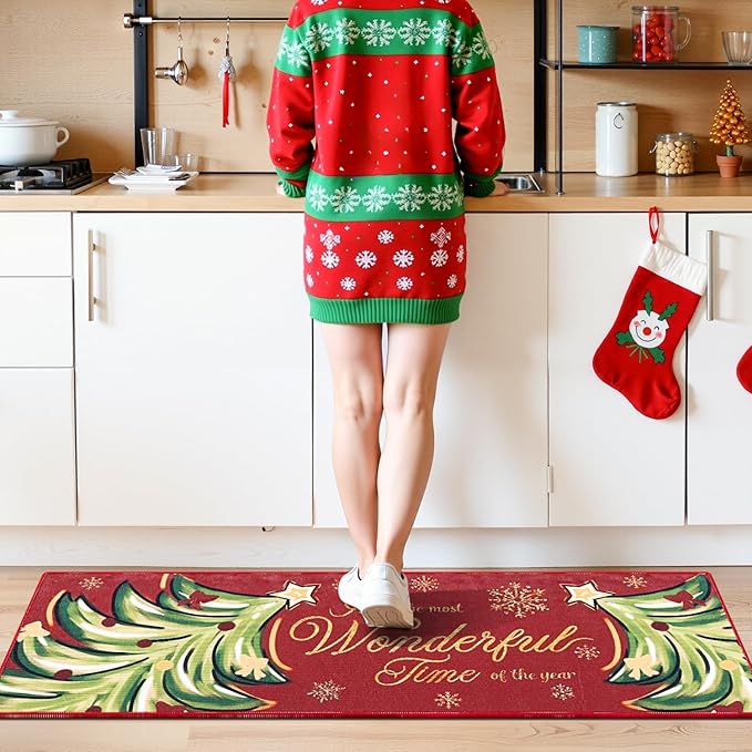 Yamaziot Christmas Kitchen Rugs Sets of 3, Non Slip Kitchen Mats for Floor with Rubber Backing, Holiday Christmas Trees Snowflake Runner Rug Decor Home Decorations for Kitchen, Laundry Room, Hallway